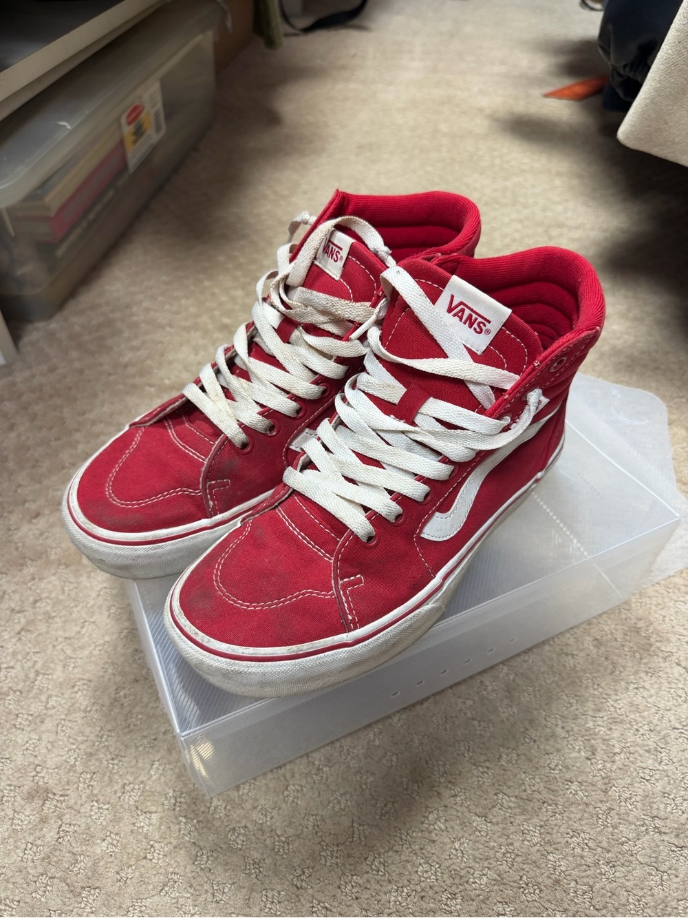 Vans Red and White High-Top Skate Sneakers